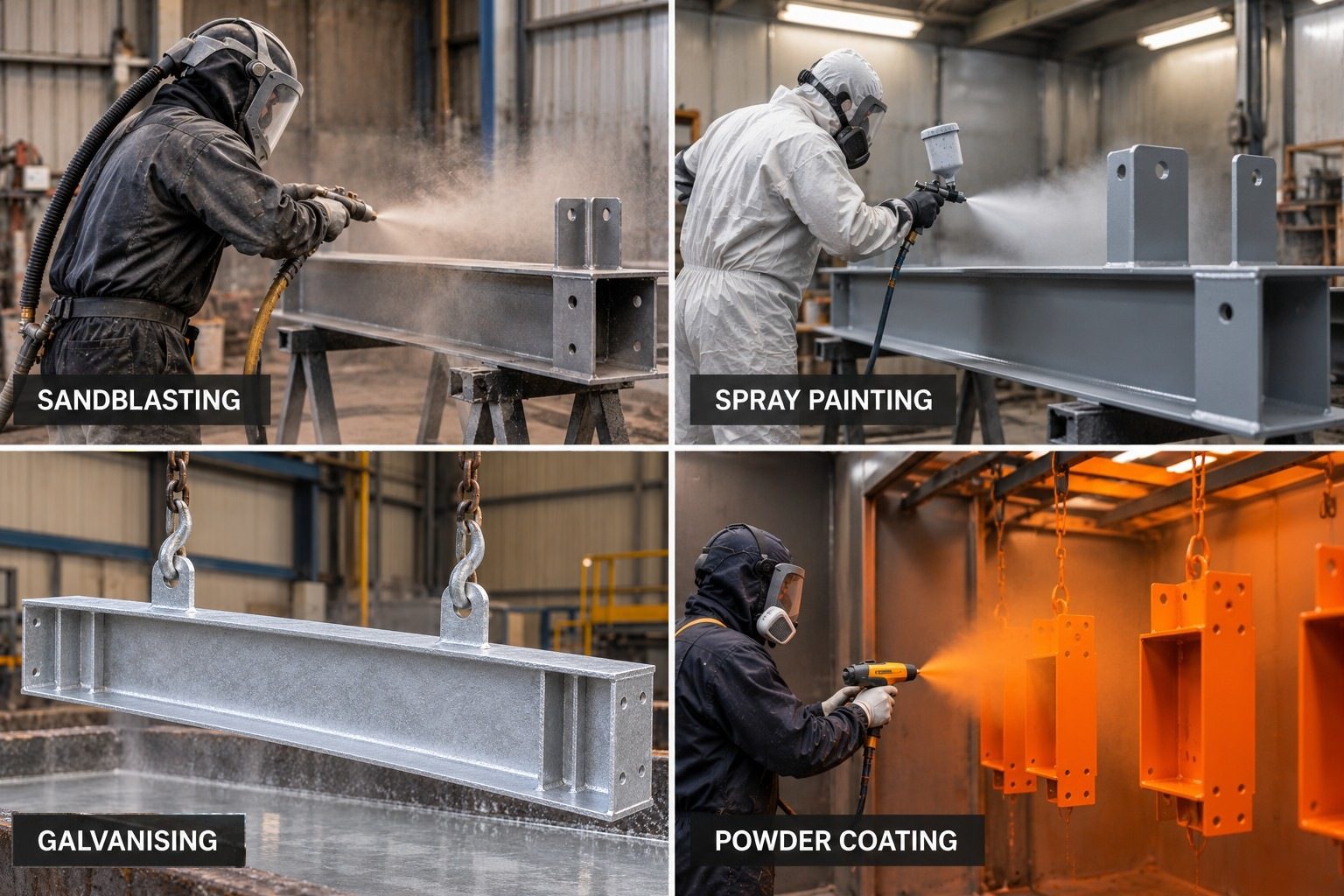 Protective steel coating processes: sandblasting, spray painting, galvanising and powder coating