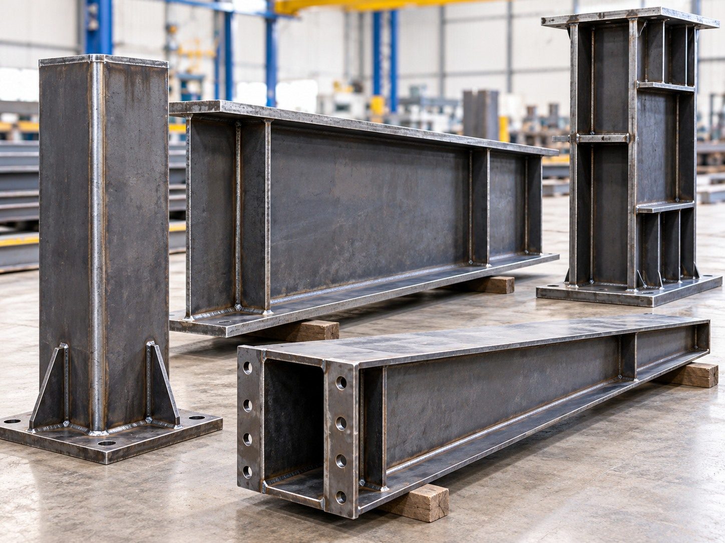 Custom welded steelwork including fabricated columns and structural assemblies in a workshop