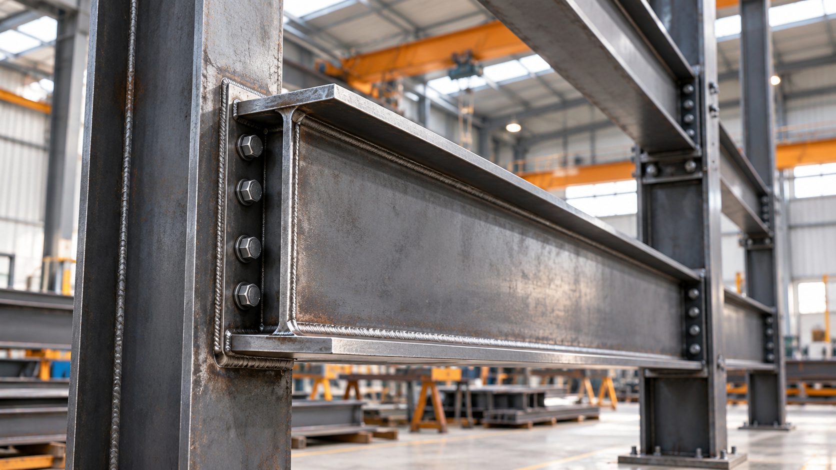 Long structural beams in a fabrication workshop