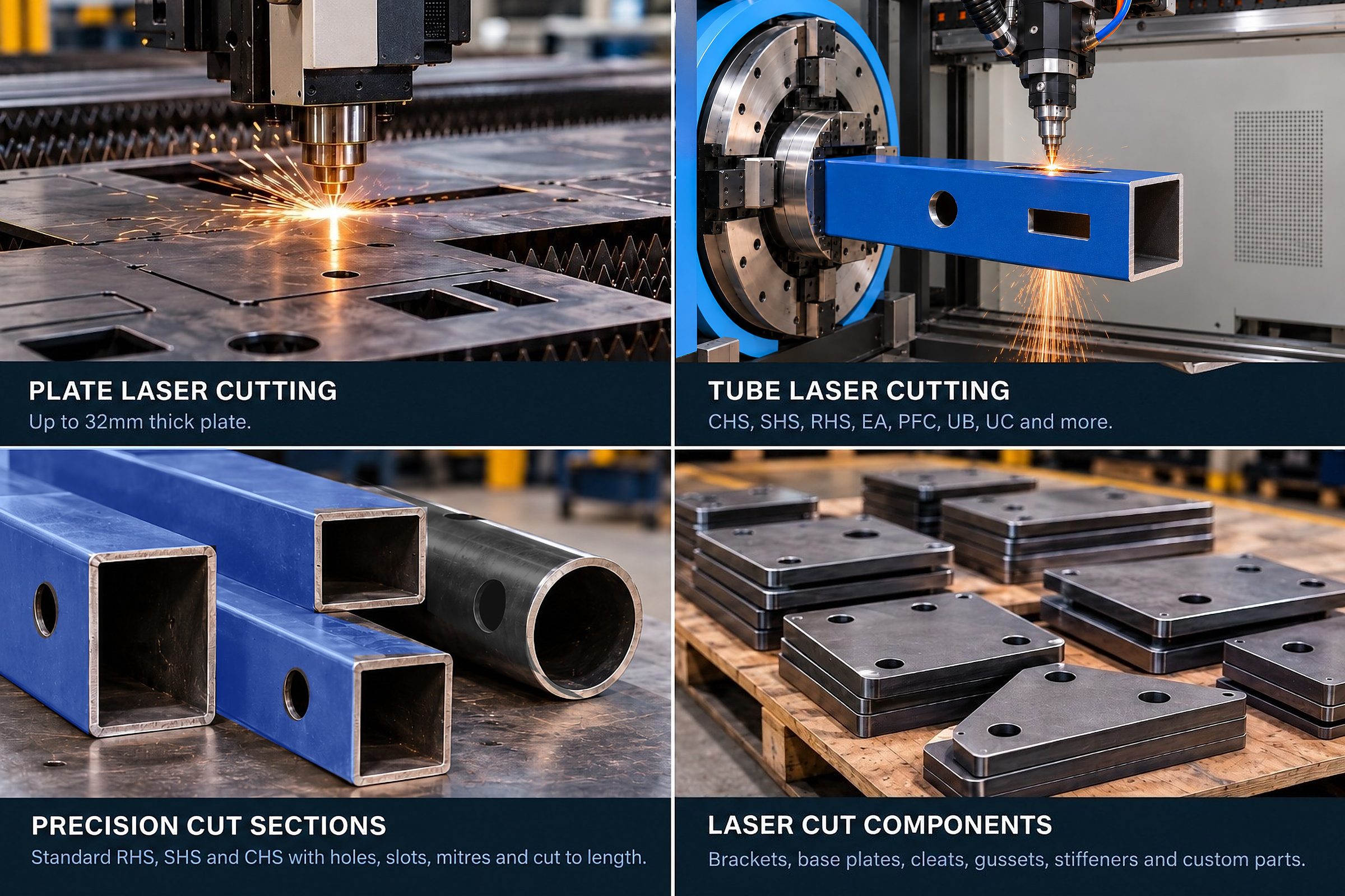 Four laser cutting capabilities: plate laser cutting, tube laser cutting, precision-cut SHS RHS and CHS, and laser-cut steel plate components