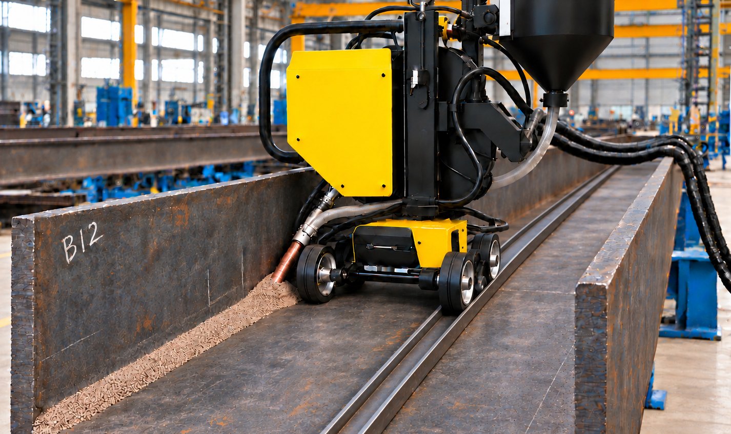 Automated submerged arc welding tractor welding the web-to-flange joint of a welded steel beam